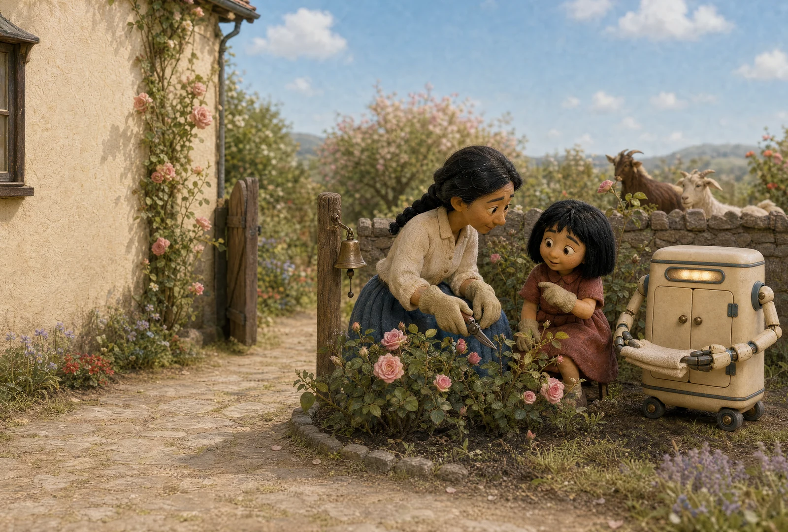 The mother kneels and the child sits at the roses, both gloved, the mother pruning with shears. A bell hangs on a post, clapper in place. The cream housekeeping machine holds a folded cloth; two goats watch over the wall.