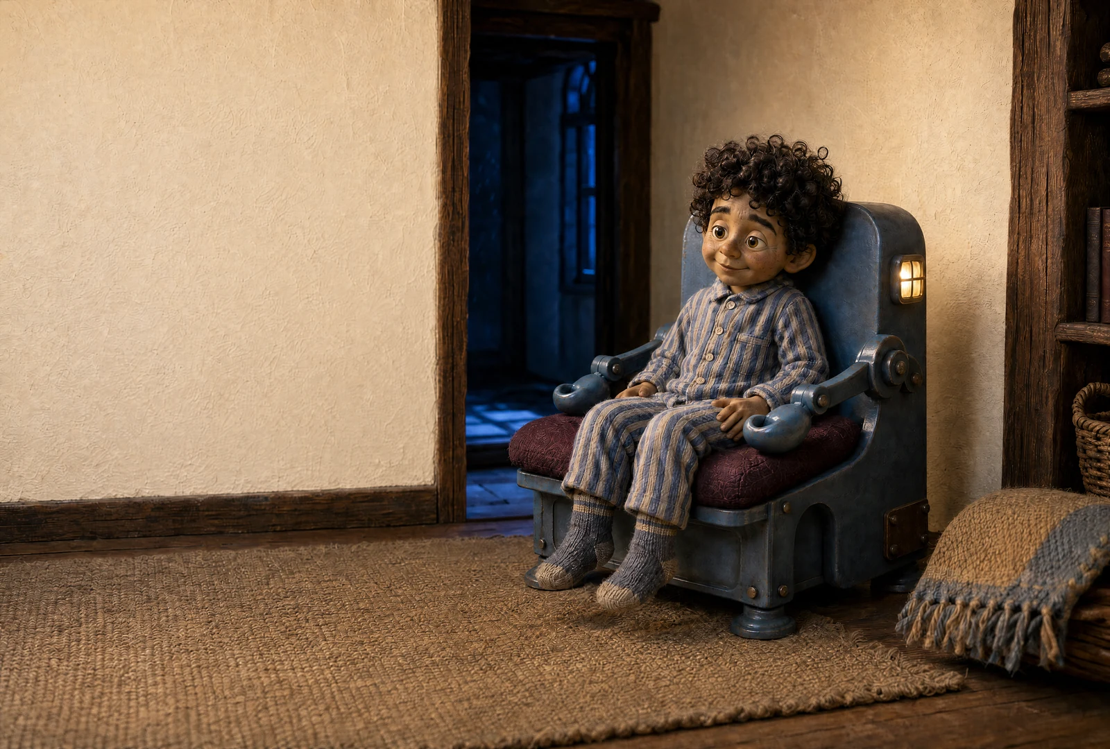 A boy in striped pyjamas sits in the Iron Nurse’s cushioned lap in the middle room. Its armrests curve beside him and a small side light glows; blue night shows through the inner doorway.