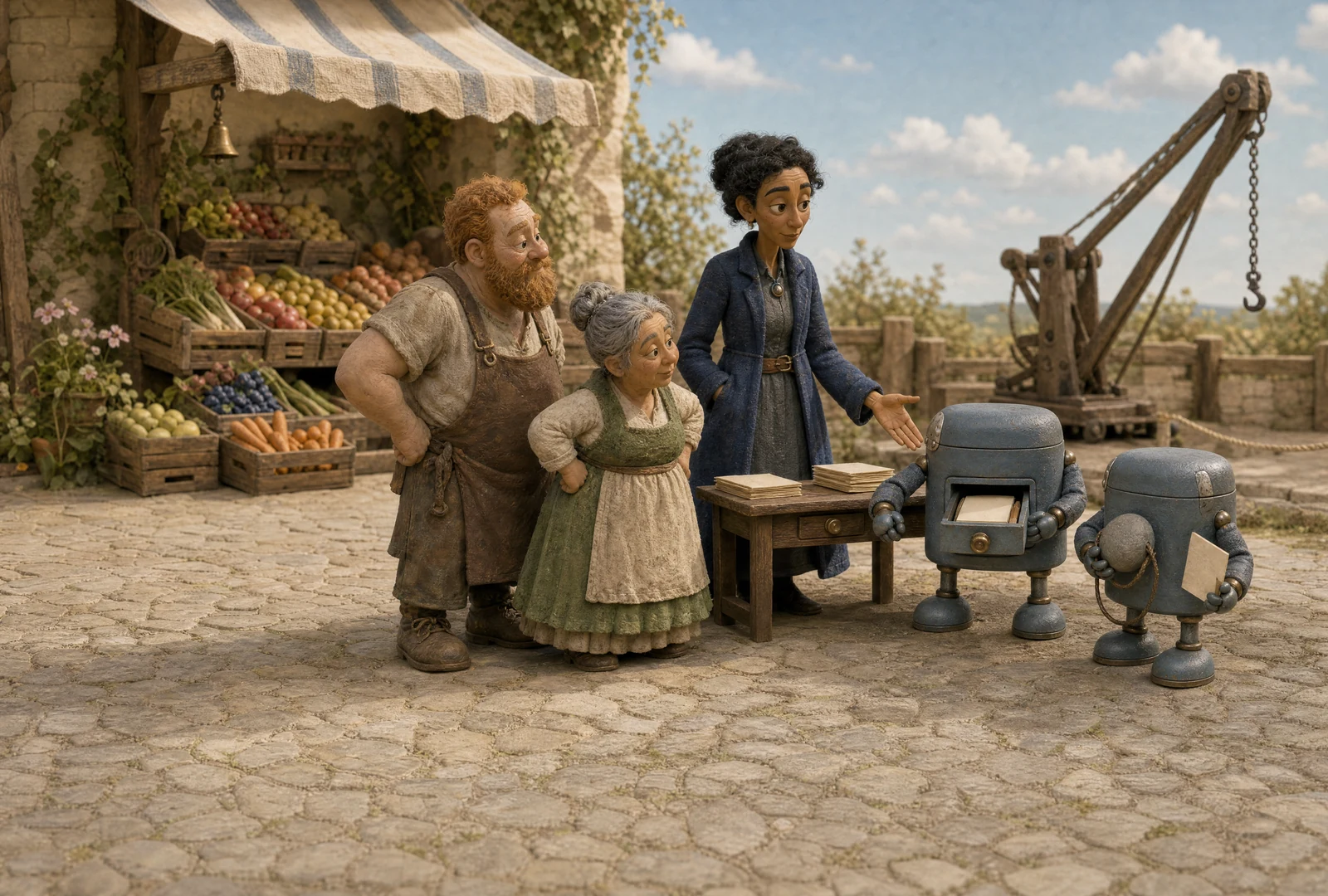 The two creatures bring their stone and paper to three adults beside a market stall. A wooden lifting crane stands beyond the table.