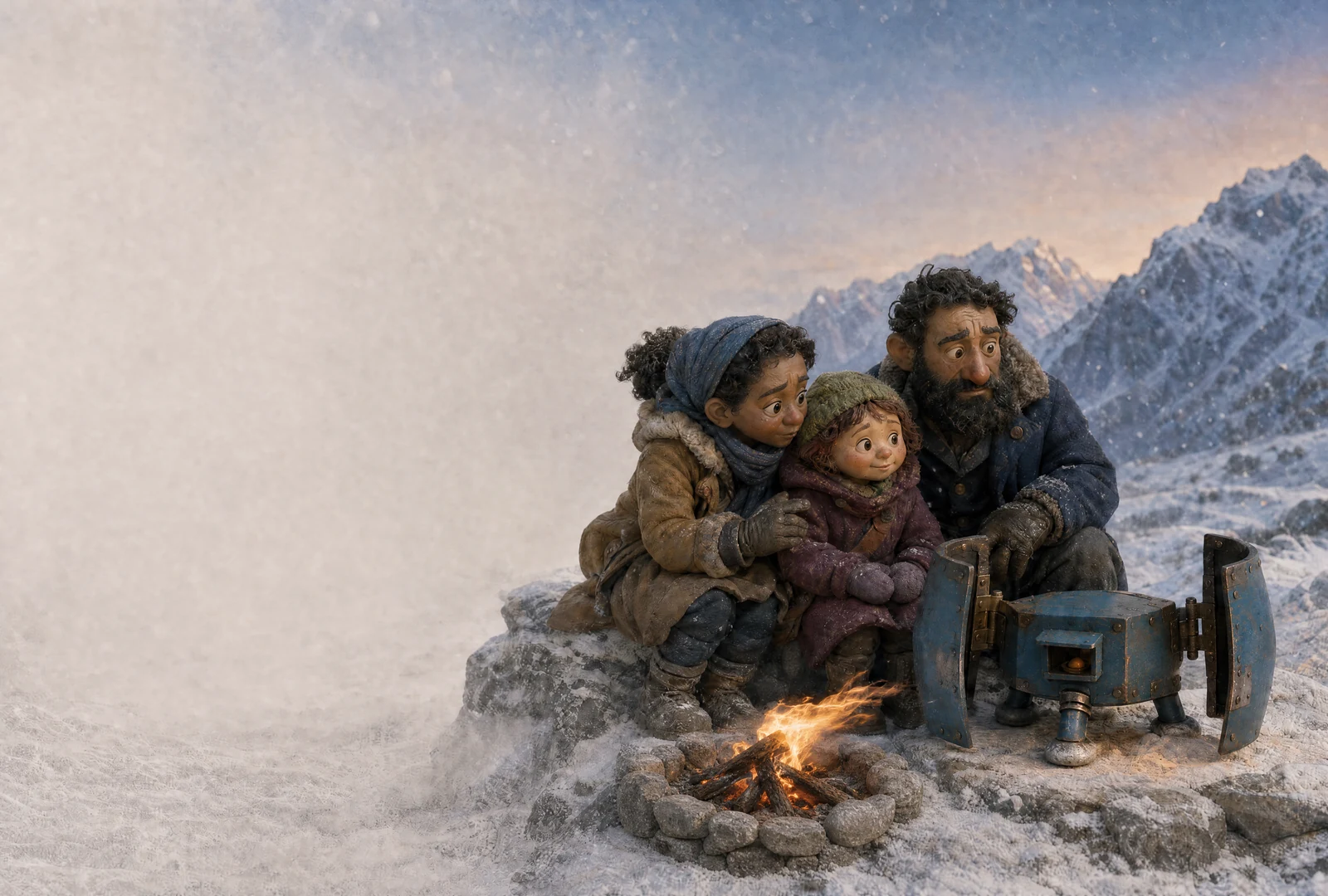 On a snowy mountain pass, two adults shelter a child beside one wind-blown fire. The low blue keeper machine opens its curved shields nearby.