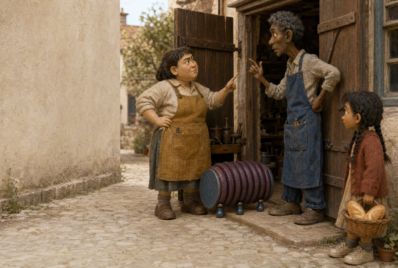 Two makers point at each other outside their workshops while Bea watches, holding a bread basket. A low purple bellows-creature with pleated sides rests on the cobbles between them.