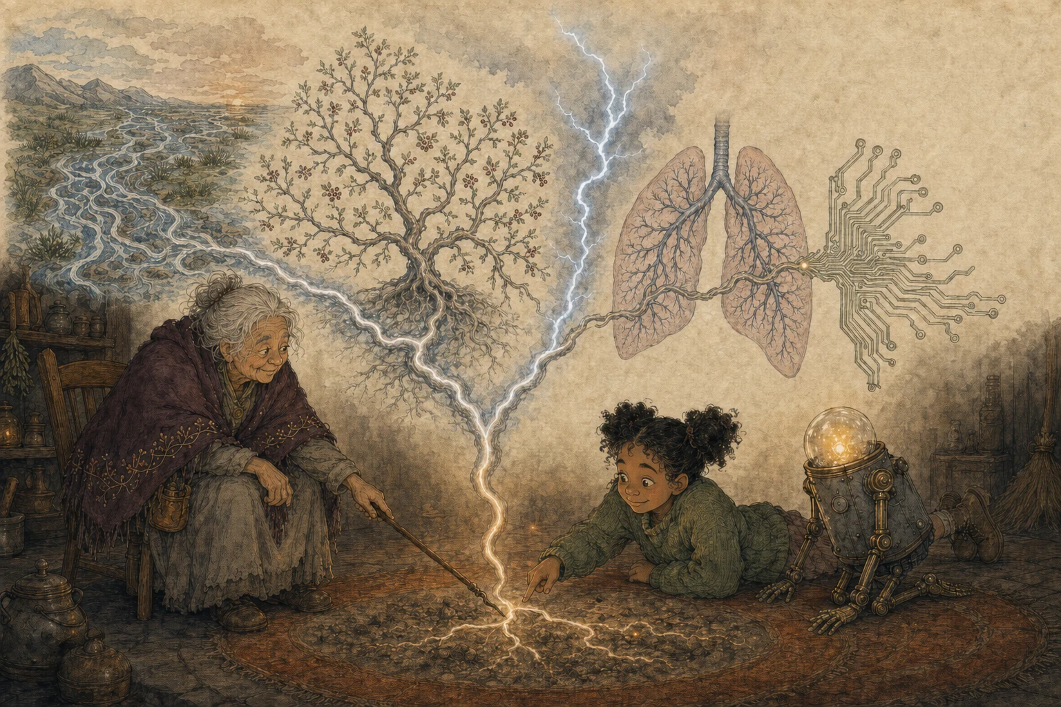 The storyteller draws in the hearth ash. Her line becomes a river delta, a tree, lightning, lungs, and circuit traces while Wren and Cricket follow it together.