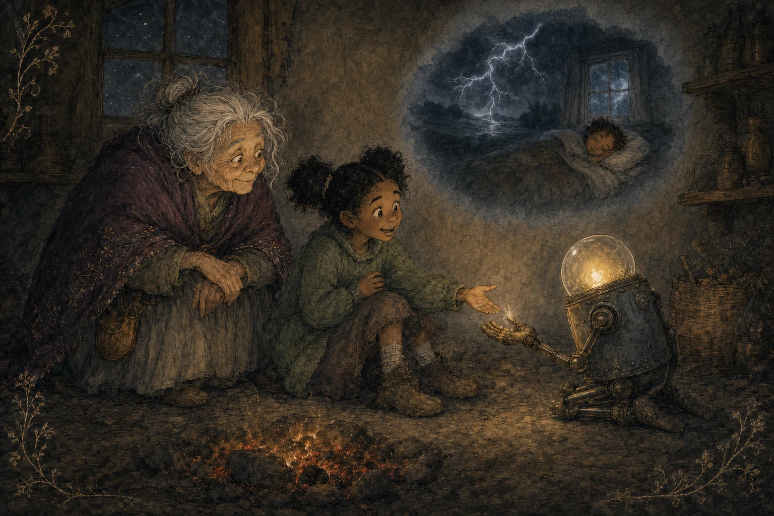 Beside the last embers, Cricket opens a brass hand toward Wren while a cool watercolor memory of Wren sleeping safely through a thunderstorm rests on the wall above them. The storyteller smiles nearby.