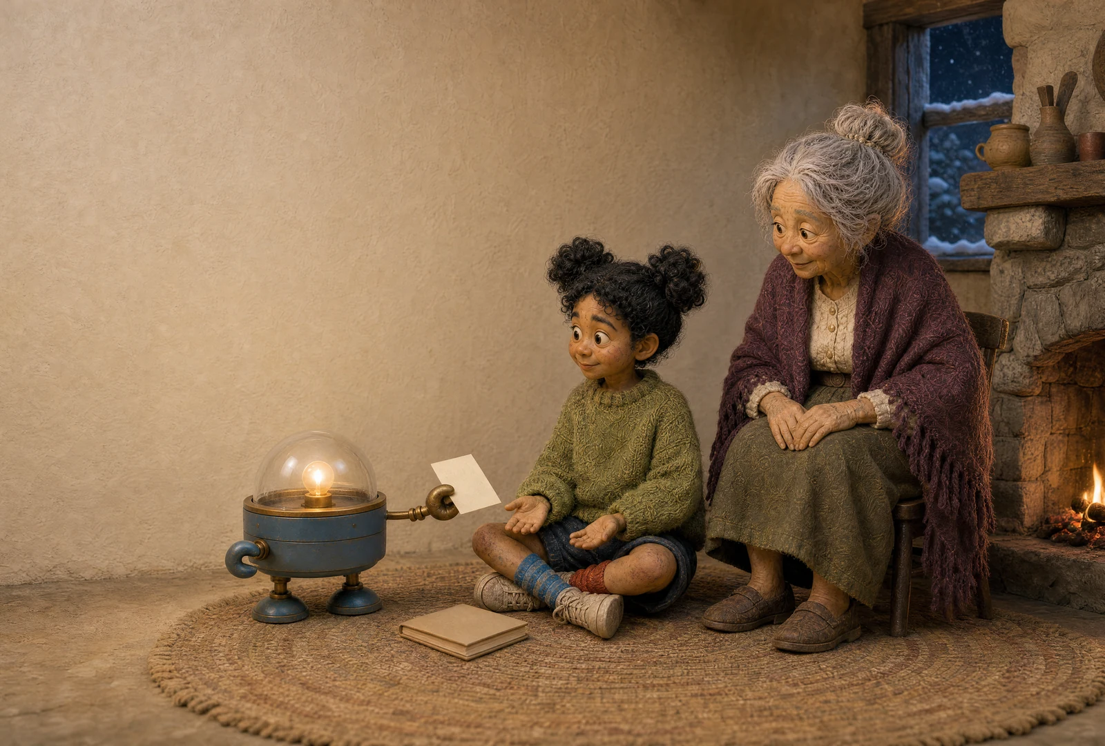 Cricket holds out a blank card towards Wren, who sits with open hands. The storyteller watches beside the fire, and a closed book rests on the rug.