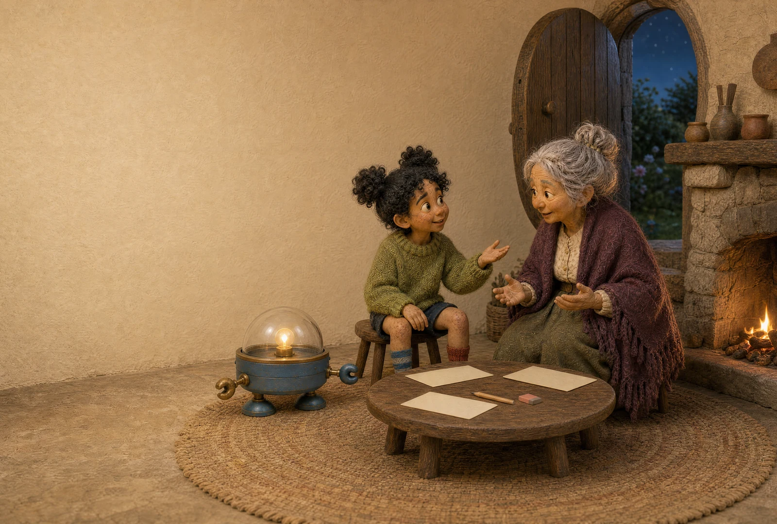 Wren and the storyteller gesture towards one another beside Cricket. Three blank cards and a pencil lie on a low table; the cottage door opens onto the night.