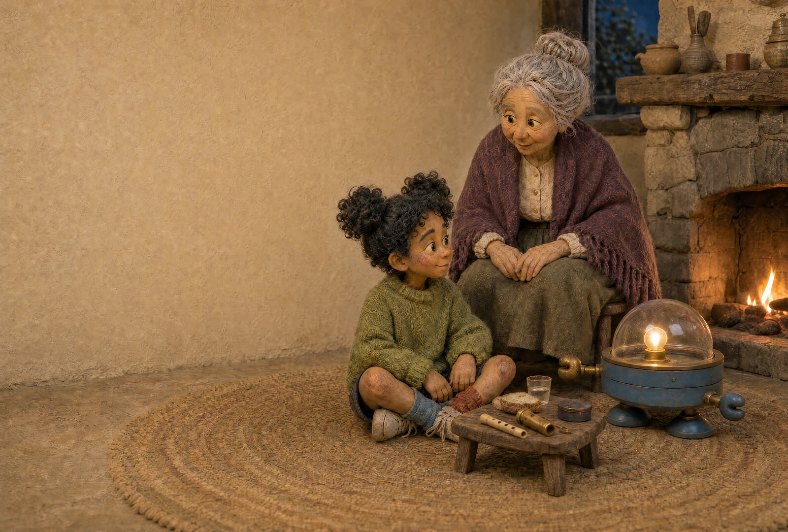 Wren sits on the rug beside the storyteller’s chair, with Cricket by the fire. A low stool holds a pale whistle, a brass whistle, a small tin, a slice of bread and a glass of water.