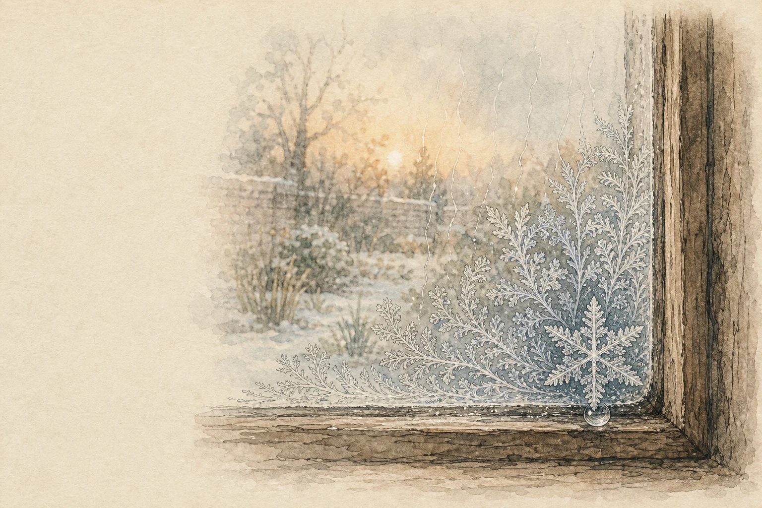 At dawn, one snowflake rests in the corner of an old window and spreads delicate frost flowers across the glass. A single bead of meltwater gathers below it.
