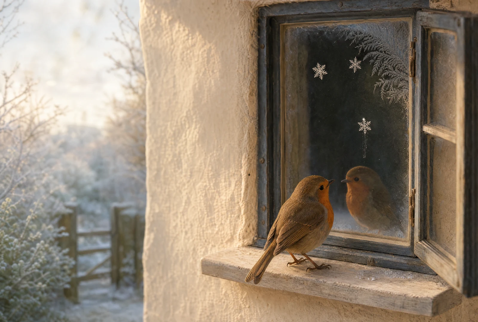 A robin on a wooden windowsill faces its reflection in the glass. Three snowflakes and fern frost cling to the pane, one snowflake trailing a thin line of meltwater. A frosted garden lies beyond.